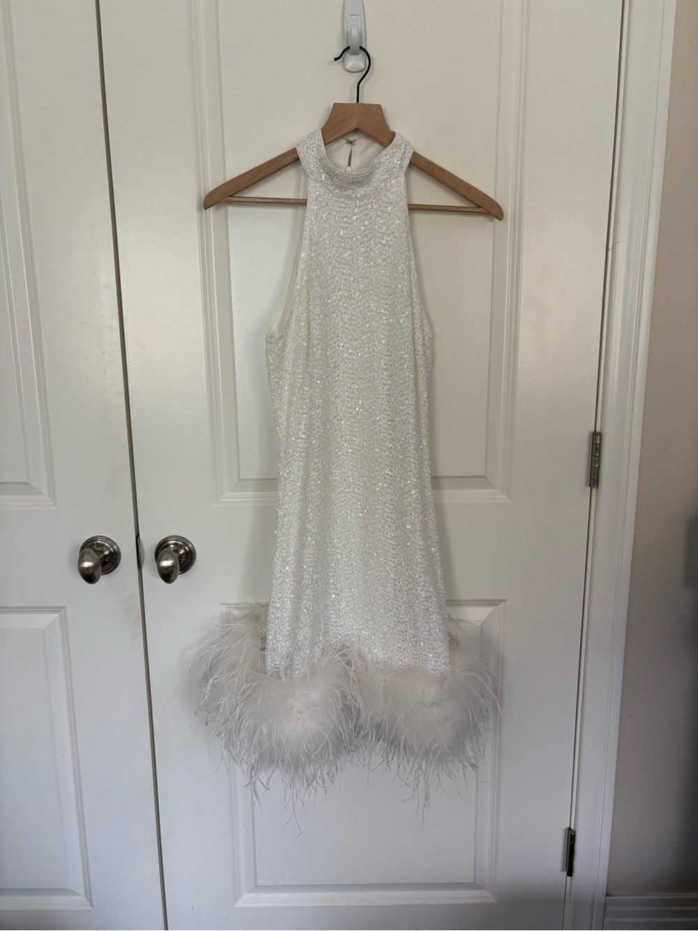 Club L London Lumi White Sequin Feather-Hem Halter Mini Dress - Picture 2 of 4